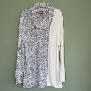 Chicos 3 Tunic Sweater XL Cowl Neck Chunky Knit Gray White Colorblock